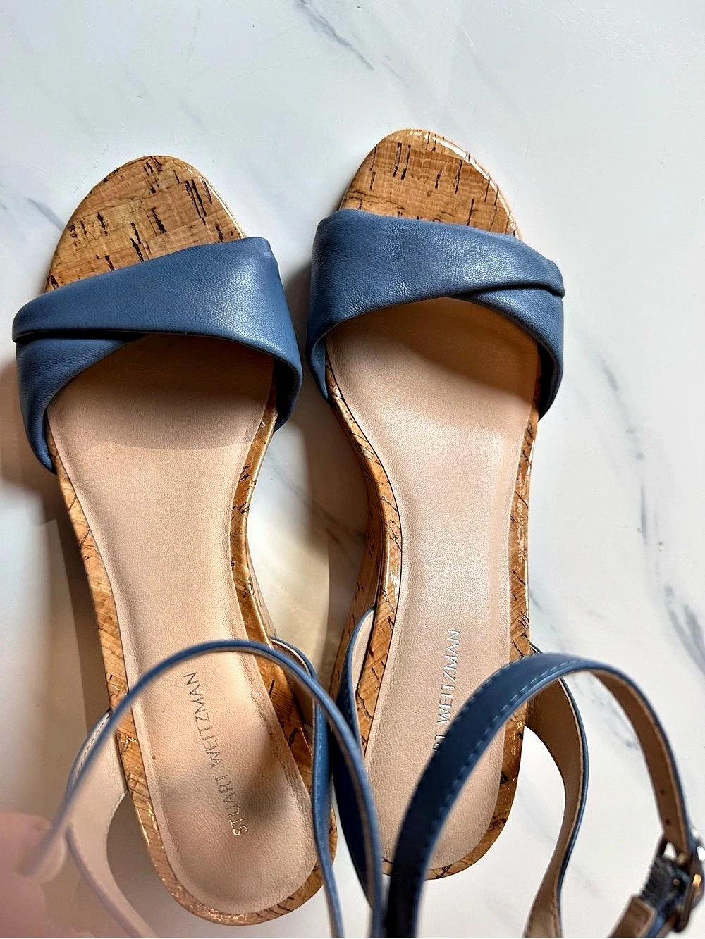 Stuart Weitzman Dayna Ankle Strap Platform Wedge Sandal Blue US 8